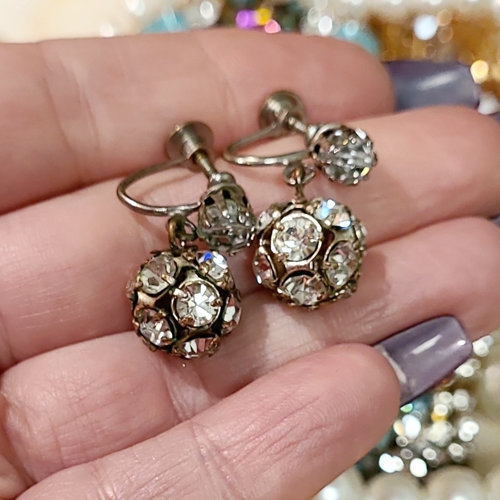 Vintage Crystal Sphere Screwback Dangle Earrings